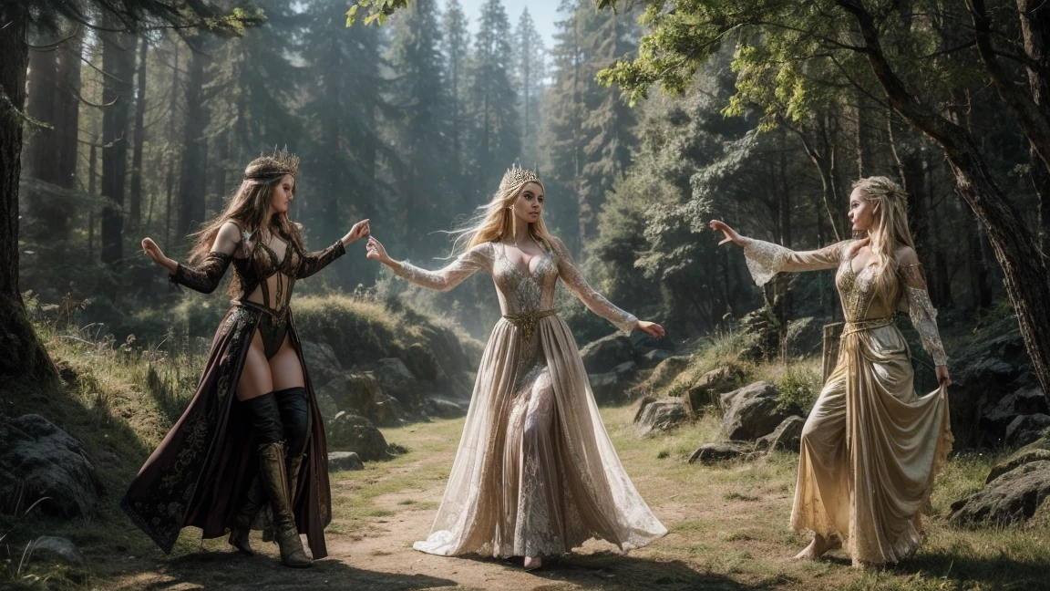 Three beautyful female fantasy characters, medieval dress with sheer lace and thin straps, two blonde and one brunette sorceress dancing in front of the camera, a huge Forest and Mountains Environment in the Background, Fantasy artwork. Detailed Forest background. magic Sunlight, Dynamic action scene. Mystical Dance, Quality Quantity, skin texture, intricate details, RAW, 8K, HugeFantasy Environment