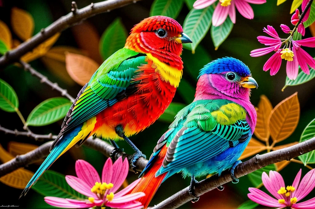 Colorful bird sitting on a branch with leaves and flowers, The art of math inspired by Charles Bird King, Popular trends on pixabay, The art of math, Color HD pictures, brightly colored bird, Colorful bird, Colorful 8k, 4 k HD Wallpapers very detailed, Beautiful and colorful, HD Wallpapers, Beautiful and colorful, Surreal bird, Color pictures, Colorful 4k