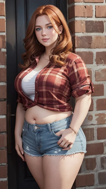 27 year old Woman, five foot tall, chubby, overweight, gorgeous face, light freckles, spixie cut light reddish blonde hair, round blue eyes, full lips, thick wide hips, , round belly, sweet smile, defined cheekbones, defined jawline, pointed chin, kind eyes, standing next to a brick homes front door, wearing open red plaid shirt over tight white shirt, wearing tight blue jean shorts