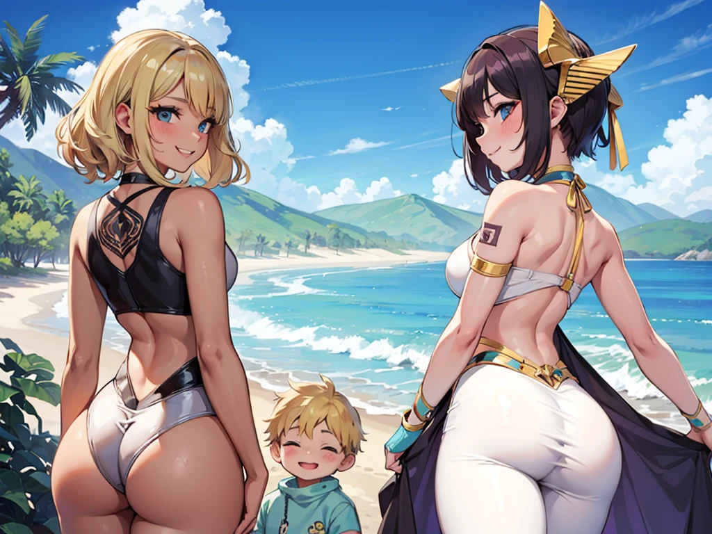 two sexy women standing by boy with blonde hair, flirtatious smiles, all women look at boy