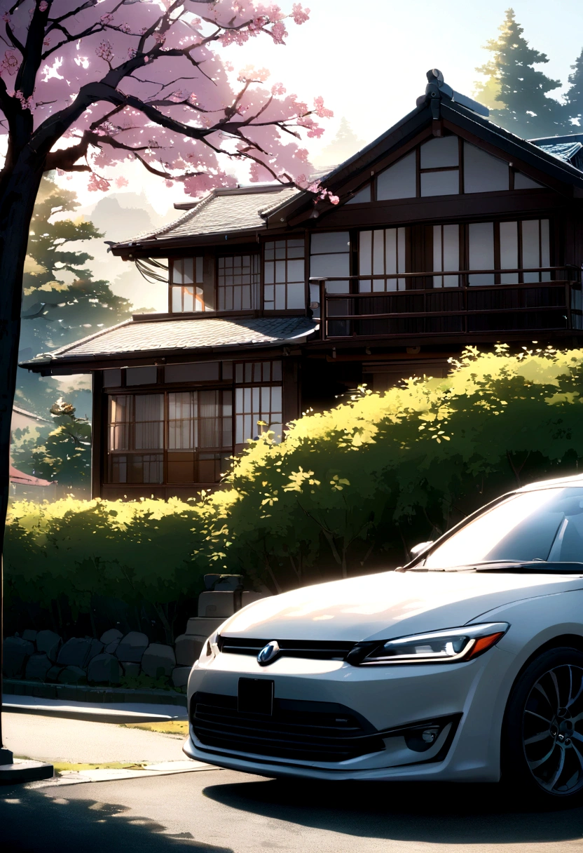 Car parked in front of a house with spring landscape and Japanese trees