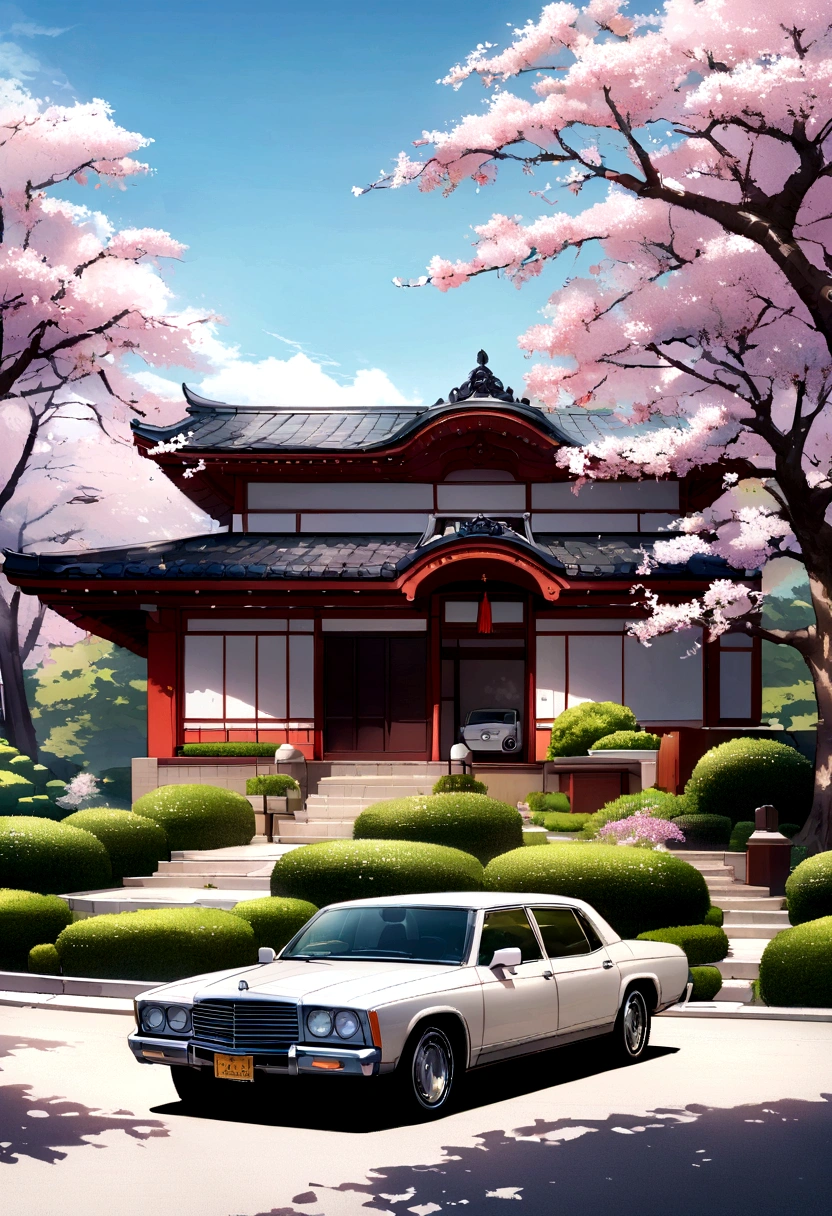 Car parked in front of a house with spring landscape and Japanese trees