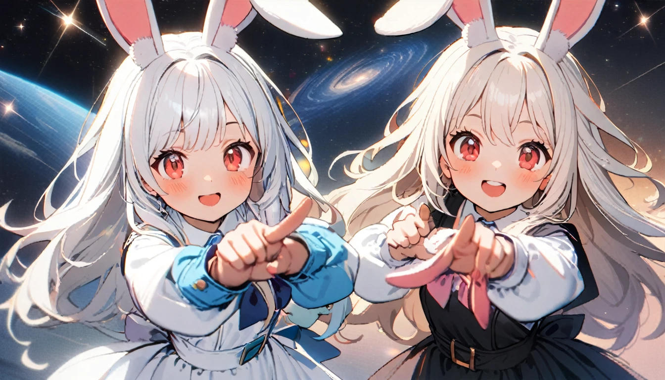 (2females:2.0),(2females:2.0),(2females:2.0),(2females:1.8),2females\(rabbit girl,cute,kawaii,small kid,(white hair:2.0),(long hair:1.6),(rabbit ear:2.0),rabbit ear is white,white long dress with frill,red eyes,big eyes,skin color white,big hairbow,smile,cute pose,dynamic angle,(full body:0.8)\), BREAK ,background\(cosmic,milkyway,galaxy\), BREAK ,quality\(8k,wallpaper of extremely detailed CG unit, ​masterpiece,hight resolution,top-quality,top-quality real texture skin,hyper realisitic,increase the resolution,RAW photos,best qualtiy,highly detailed,the wallpaper\),((cute pose)),dynamic angle