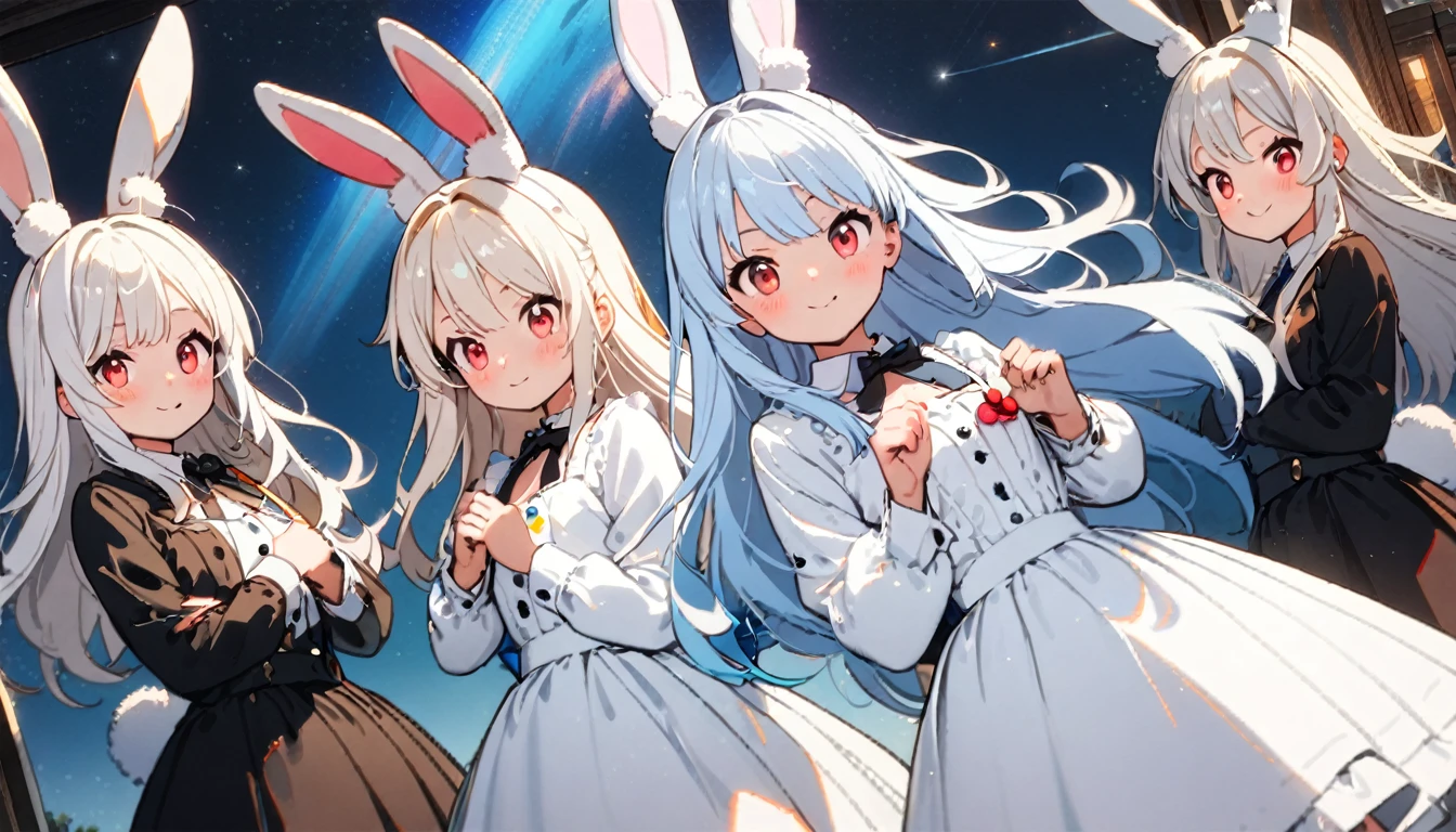 (2females:2.0),(2females:2.0),(2females:2.0),(2females:1.8),2females\(rabbit girl,cute,kawaii,small kid,(white hair:2.0),(long hair:1.6),(rabbit ear:2.0),rabbit ear is white,white long dress with frill,red eyes,big eyes,skin color white,big hairbow,smile,cute pose,dynamic angle,(full body:0.8)\), BREAK ,background\(cosmic,milkyway,galaxy\), BREAK ,quality\(8k,wallpaper of extremely detailed CG unit, ​masterpiece,hight resolution,top-quality,top-quality real texture skin,hyper realisitic,increase the resolution,RAW photos,best qualtiy,highly detailed,the wallpaper\),((cute pose)),dynamic angle