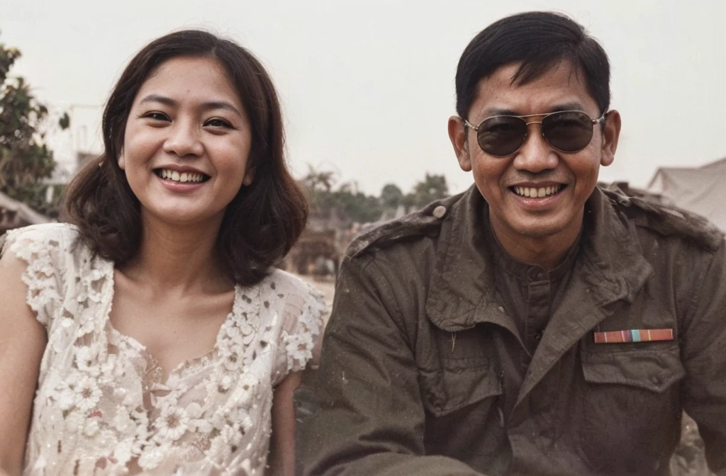 an old photo of an asian man and a white woman smiling for the camera, god emperor bongbong marcos, 1970s philippines, a colorized photo, smiling couple, realistic old photo, colorised, circa 1 9 6 9, circa 1969, colourized, colourised, inspired by Basuki Abdullah, restored photo, colorized, old photo style, enhanced photo, Basuki Abdullah, realistic old photograph, jokowi, couple, ww2 photo