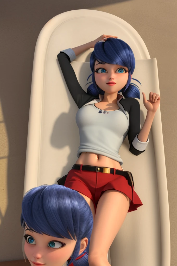 (8k, RAW photo, best quality, masterpiece:1.2), (intricate details), perfect eyes, perfect face, perfect lighting, beautiful, (masterpiece:1.2), (best quality:1.2), 1girl, solo, Marinette, blue hair, ((hair in ponytails)), adult torso, (red crop top, tight fitting red skirt,) 19 years old, slight smile, huge sized breasts, cowboy shot, 3DMM, laying down,