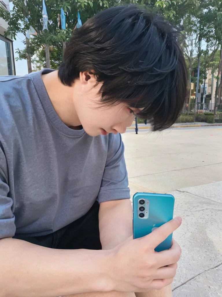 boy sitting on steps Looking at his phone while looking down, holding a very advance phone, Looking at his phone, Excellent picture quality, Inspired by jeonseok lee, He holds a smartphone, Low quality photos, aesthetic shot, Focus like a laser, cyan grading, Side view, Matching Colors, Cover photo, 韩国handsome哥,handsome