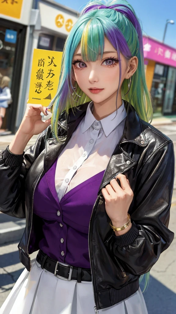 1girl jacket ,phone,multicolored hair,hairclip,bracelet,(masterpiece, high quality:1.2) 、Detailed Background、Large Breasts、Large Breastsの谷間