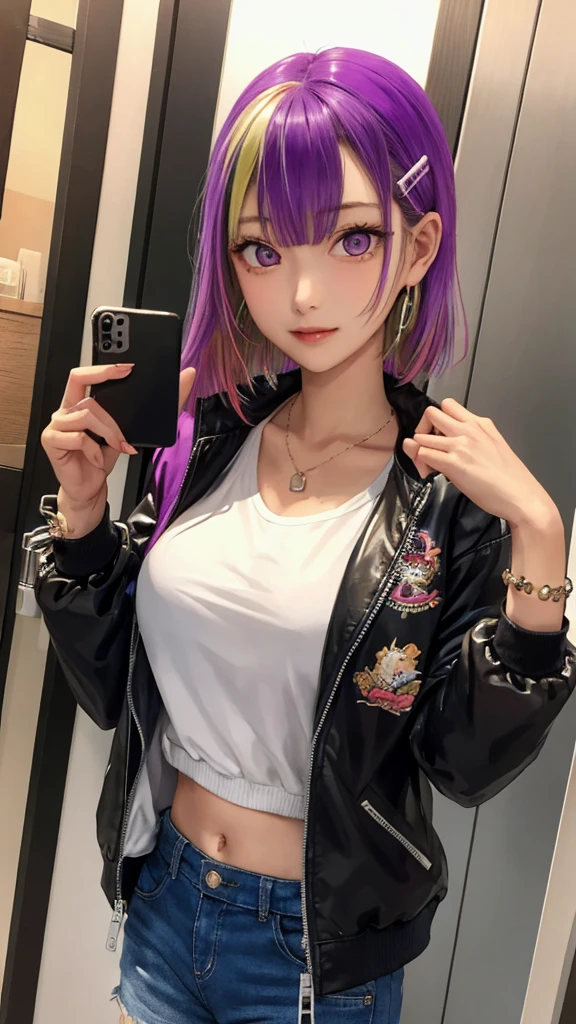 1girl jacket ,phone,multicolored hair,hairclip,bracelet,(masterpiece, high quality:1.2) 、Detailed Background、Large Breasts、Large Breastsの谷間