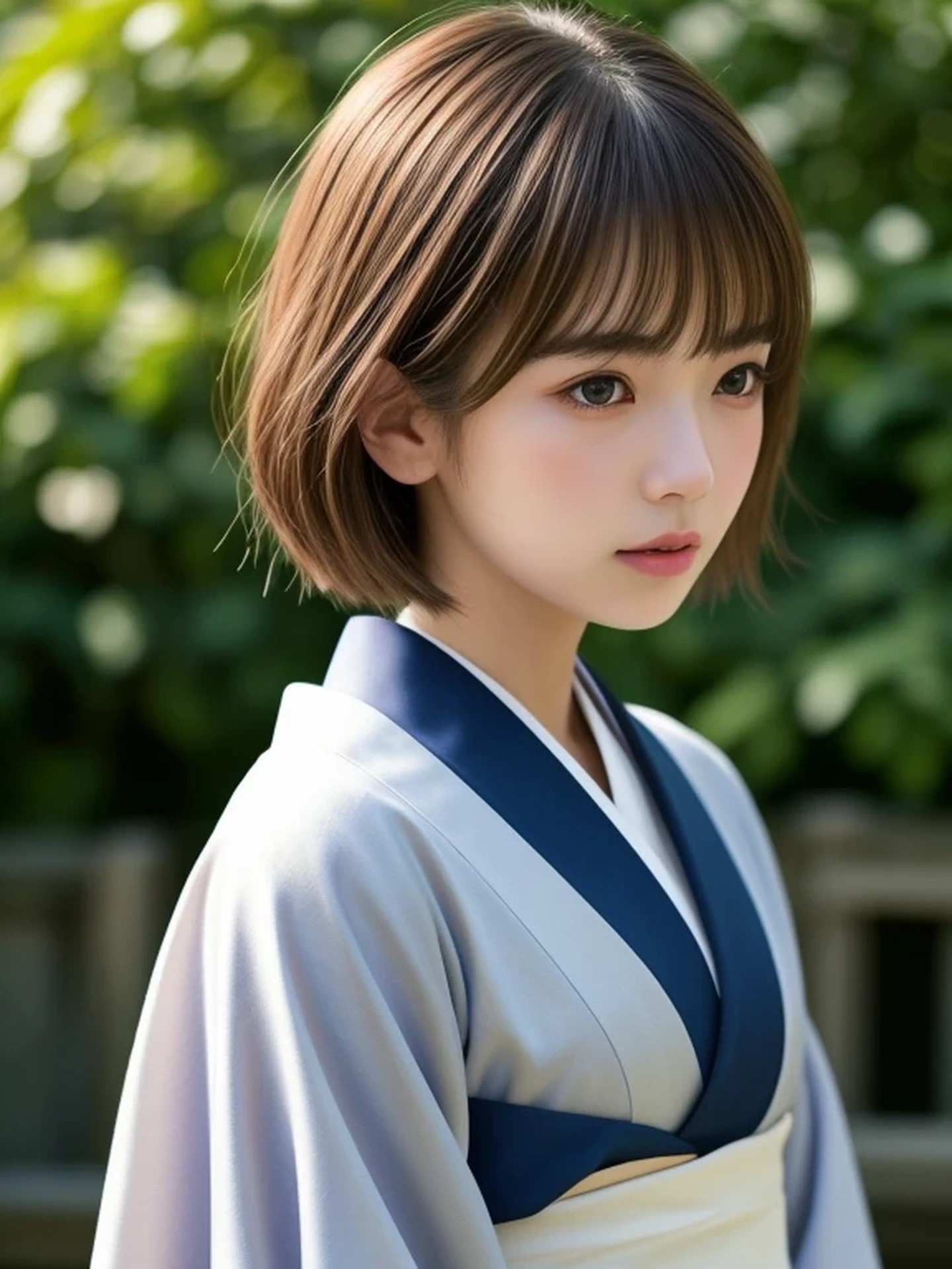 1 Japanese girl, (looking away:1.4), (upper body shot:1.2), Beautifully detailed eyeballs, catchlight in the eyes, Realistic digital painting of a woman portrait, Shy, Cute, open mouth to say something, sad, brown eyes, (short hair:1.1), (light brown brunette hair:1.3), (Highly detailed skin:1.2), Mystical style, Global Illumination, Traditional Japanese Kimono, A silk kimono with a deep indigo base. Gion, Kyoto