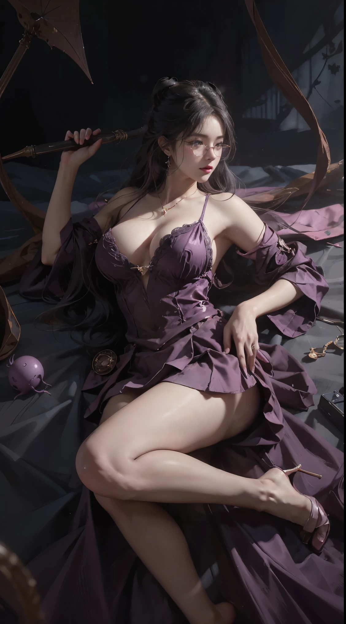 Dark style、Succubus、Devil's Daughter、Bat Wings,(((Demon Hornlack-rimmed round glasses))))、(((Colossal tits)))、(Devil's Tail),(Woman lying on bed)1 girl, Silver hair, striated hair, Bangs, Blunt bangs, Long hair, Pink hair, aqua eyes, longeyelashes, Purple eyes, makeup, Smile, Parted lips, Realism, Verism, surrealism, depth of fields, One-person viewpoint, retinas, masutepiece, ccurate, Anatomically correct, Textured skin,(Coarse short sweater)Floats off the shoulders、off shoulderlack tight skirt((Full Body Angle))、stick out buttocks)、(shapely breasts,)、((sexypose)))、(camel's toe), tongue、Vaginal orchids、Runny Vaginal Discharge、Blowing tide、Very beautiful breasts、Grasp your breasts with both hands、sexual excitement、 Expressions、shinny skin。realisitic、(Kpop Idol)、Medium Hair、(Pink blush)、(illuminating)、(solo)、dynamicposes、((erectile nipple))、(Puffy eyes:1.2)、 (Slim legs)、erotick