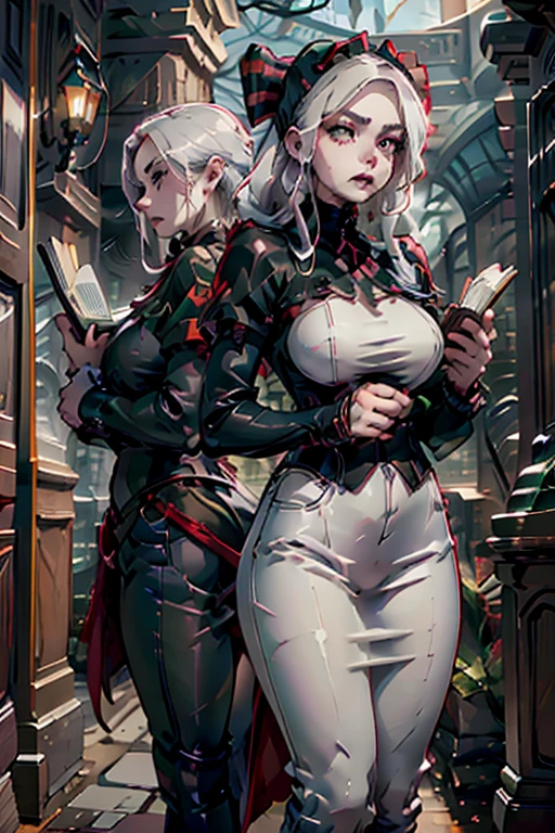 A young white haired woman with green eyes and an hourglass figure in a leather jacket and jeans is reading a book in a gothic library