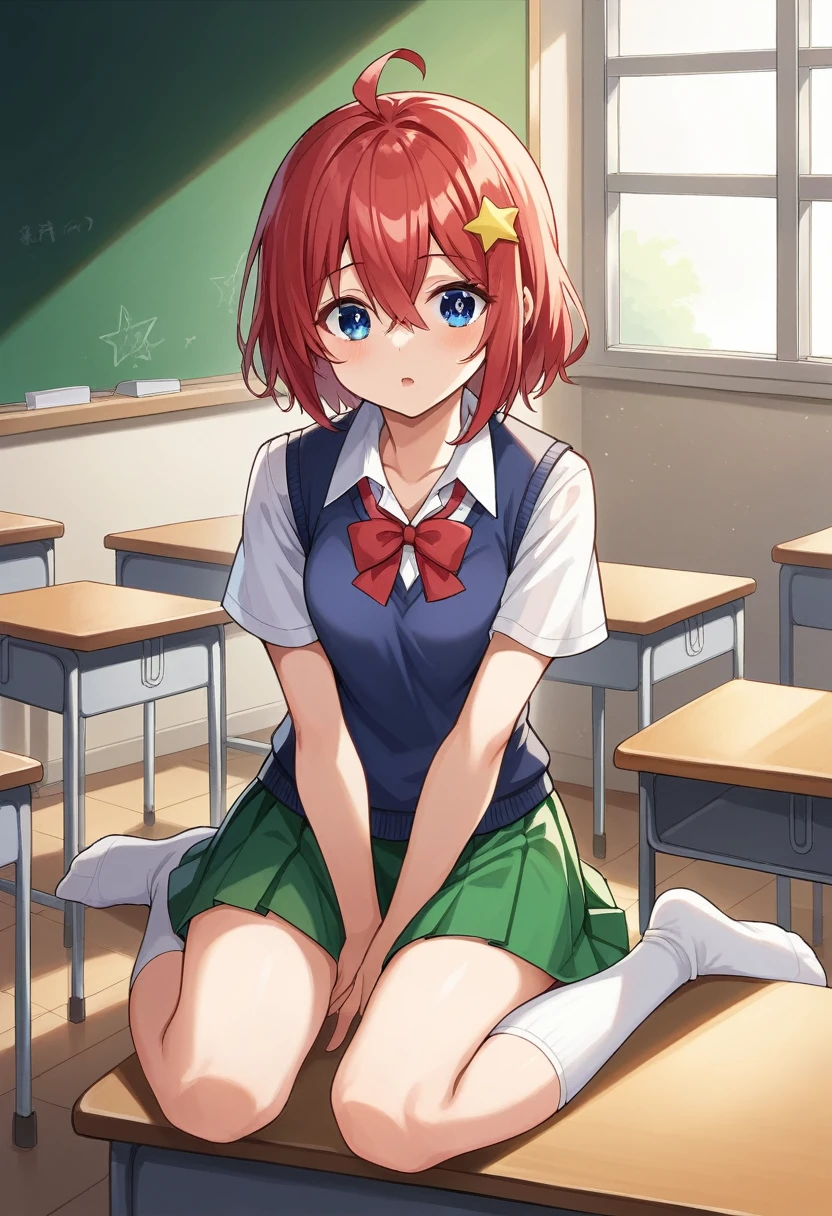 itsukinakano, itsuki nakano, bangs, blue eyes, hair between eyes, ahoge, red hair, star \(symbol\), hair ornament, star hair ornament, BREAK skirt, shirt, , collarbone, white shirt, short sleeves, pleated skirt, socks, collared shirt, miniskirt, kneehighs, white socks, green skirt, sweater vest, red sweater vest,
BREAK indoors, school, classroom,
BREAK (masterpiece:1.2), best quality, high resolution, unity 8k wallpaper, (illustration:0.8), (beautiful detailed eyes:1.6), extremely detailed face, perfect lighting, extremely detailed CG, (perfect hands, perfect anatomy),