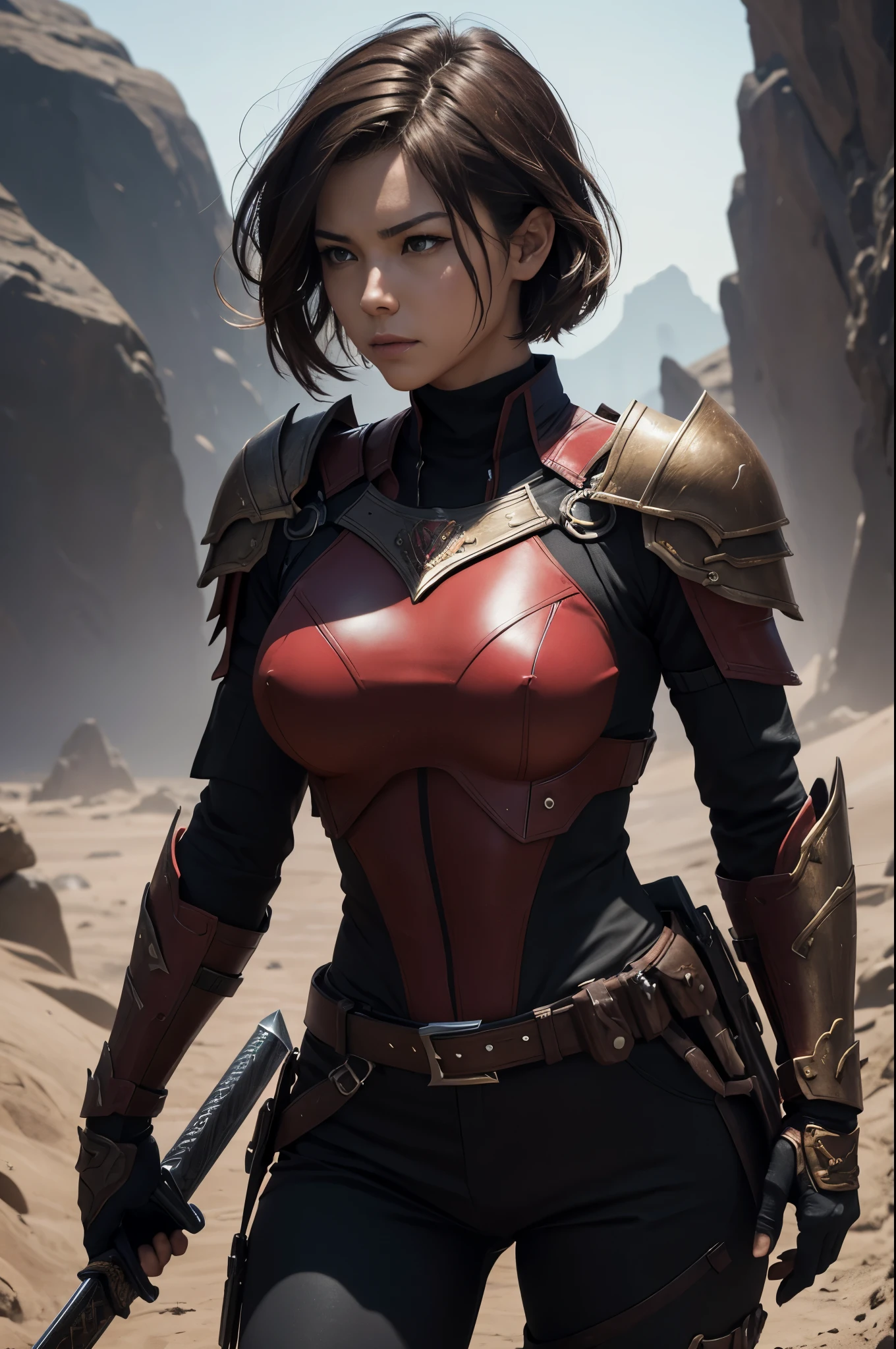 8K,Barren Earth Adventurer Outfit,Travel through the dusty wilderness,light brown short cut hair,Super beautiful Japanese women, Red and black large chest chest armor(demon emblem),super beautiful(like the real thing),Red and black shoulder armor for the left shoulder(demon emblem),red and black combat pants,sexy,deviantart artstation cgscosiety, 3Dレンダリングcharacter art8 K, Alena Aenami and Artgerm, Wojtek Fuss, Trending in Artstation 8K, Trending with Art Station HD, Adventure ultra-realistic rendering, Perfect body with realistic shading, photorealistic perfect body, ultra high resolution,high quality,sexy,brown short hair,strongly cracked abdominal muscles,muscular slim body,muscular slender lower body,Close-up,masterpiece,Highest quality photorealistic RAW photos。bright colors,rich colors, Backlight, cinematic lighting, film grain, to be born, 50MM lens, Nikon D850,realistic skin,fantasy art,character art,sharp gaze,adventure,Holds a long and large Japanese sword,brown combat jacket,red and black gauntlet(demon emblem),battle scene,dynamic pose,action pose,shout,