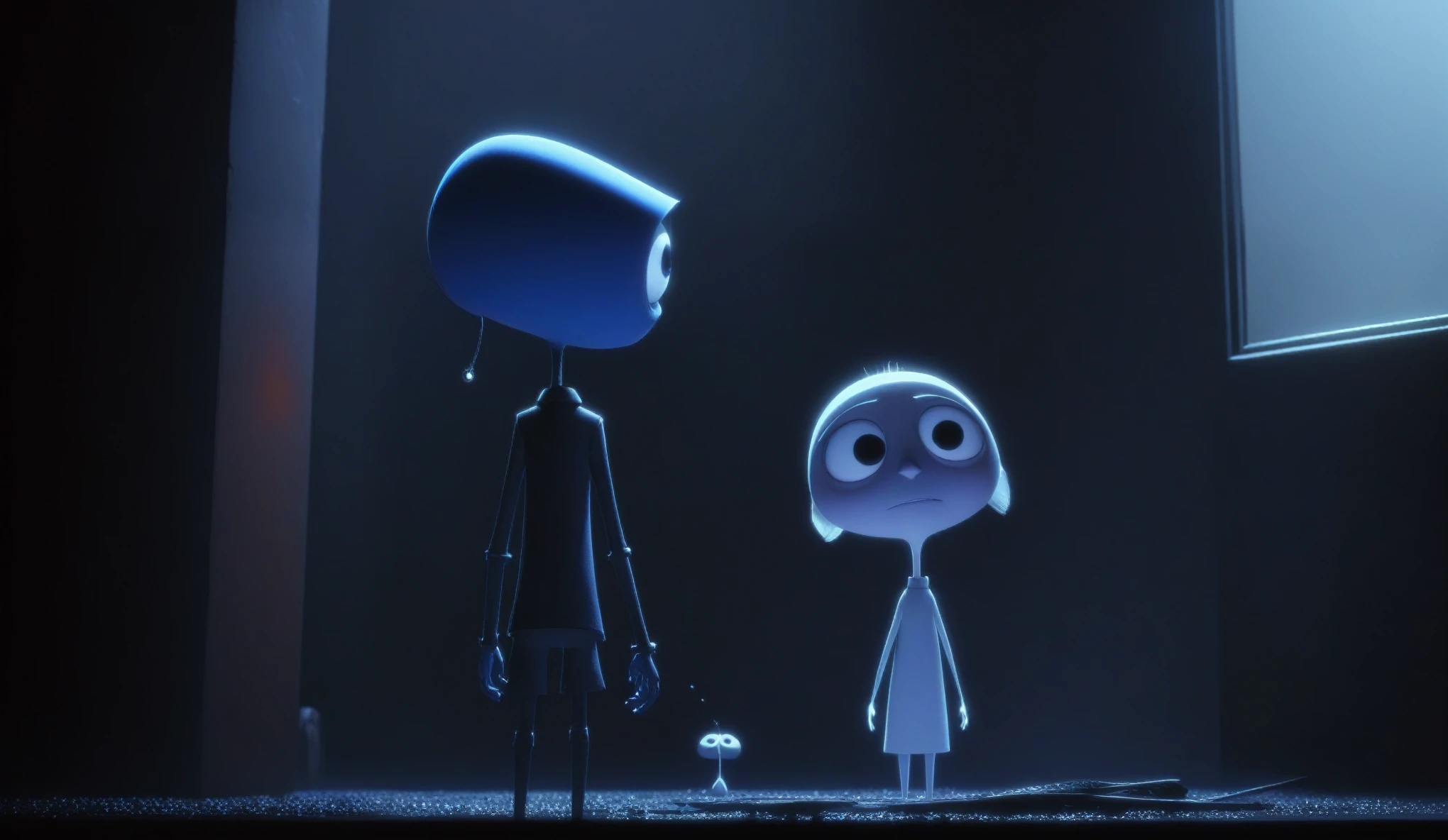 Create a simple and elegant“Love, Death, and Robots" logo, shedding niobium tears. The design should convey a strong sense of sadness and melancholy, using a minimalist approach with clear lines and using only high contrast deeply matte black, nicola samori,ben templsmith,Irina Yermolova,,pixar movie still, pixar movie screenshot, frame from pixar movie, animated movie still, still from the pixar movie, still from a pixar movie, disney pixar movie still, pixar movie scene, still from pixar movie, still from a 2001 pixar movie, pixar render, animated film still