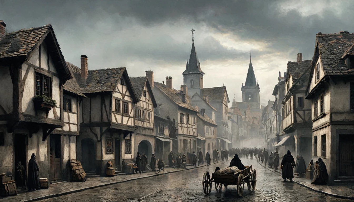 14th century, medieval city during the Black Death. The scene shows a medieval city with narrow streets and wooden and stone buildings. The atmosphere is gloomy and desolate, with few inhabitants visible. Some citizens, covered in dark robes and peaked masks, are tending to the sick and carrying them on wooden carts. In the streets, you see bodies wrapped in sheets, waiting to be buried. The houses have closed windows and doors marked with crosses to indicate the presence of the disease. The sky is gray and cloudy, reflecting the sadness and fear that permeates the city. The atmosphere is oppressive, capturing the desperation and devastating impact of the Black Death on daily life at the time., Hyperrealism, UHD, retina, masterpiece, accurate, anatomically correct, textured skin, super detail, award winning, 8k