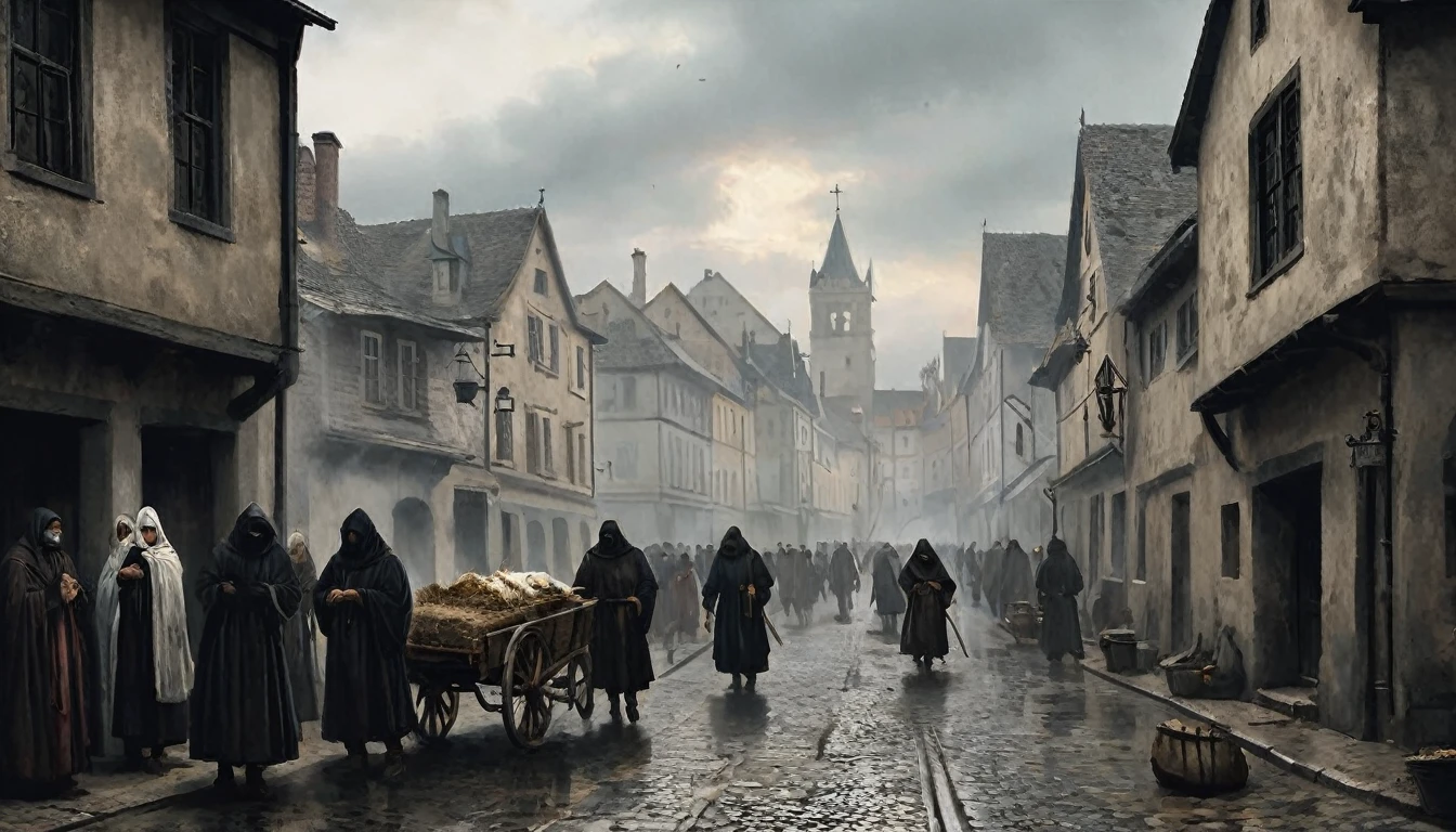 14th century, medieval city during the Black Death. The scene shows a medieval city with narrow streets and wooden and stone buildings. The atmosphere is gloomy and desolate, with few inhabitants visible. Some citizens, covered in dark robes and peaked masks, are tending to the sick and carrying them on wooden carts. In the streets, you see bodies wrapped in sheets, waiting to be buried. The houses have closed windows and doors marked with crosses to indicate the presence of the disease. The sky is gray and cloudy, reflecting the sadness and fear that permeates the city. The atmosphere is oppressive, capturing the desperation and devastating impact of the Black Death on daily life at the time., Hyperrealism, UHD, retina, masterpiece, accurate, anatomically correct, textured skin, super detail, award winning, 8k
