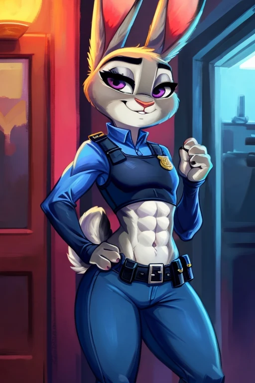 ((best quality)), ((masterpiece)), (detailed), a digital artwork of Judy hopps with abs wearing a crop top of her long sleeve police uniform with her police vest, a bare midriff and a bare navel, ((trending on artstation)), ((4k)), furry, anthro style, 2d style, 