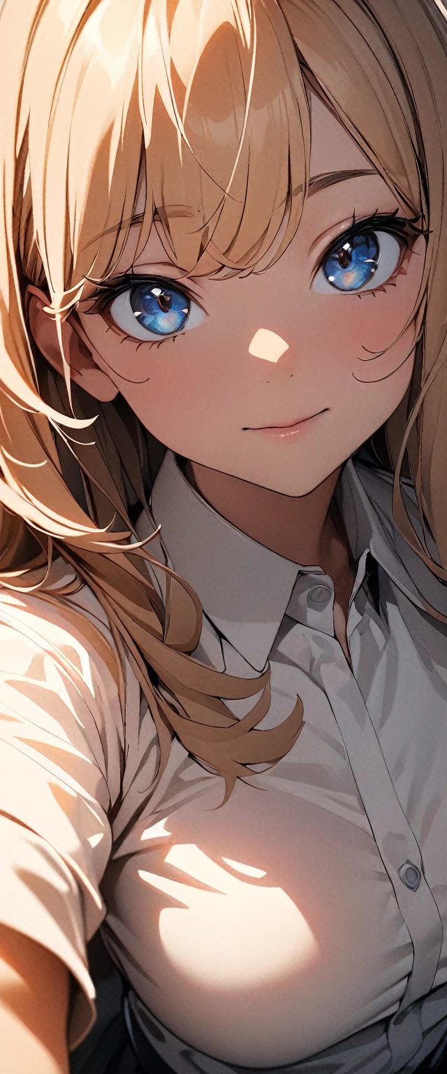 (high quality, 8k, 4K, High Contrast, masterpiece:1.2, 最high quality, Best aesthetics), 1 female, (Real skin texture:1.3), (Film Grain:1.3), (Selfie angle, High Angle), One Girl, Beautiful and detailed eyes and face, 最high quality, close, Face Up Shot:1.4,