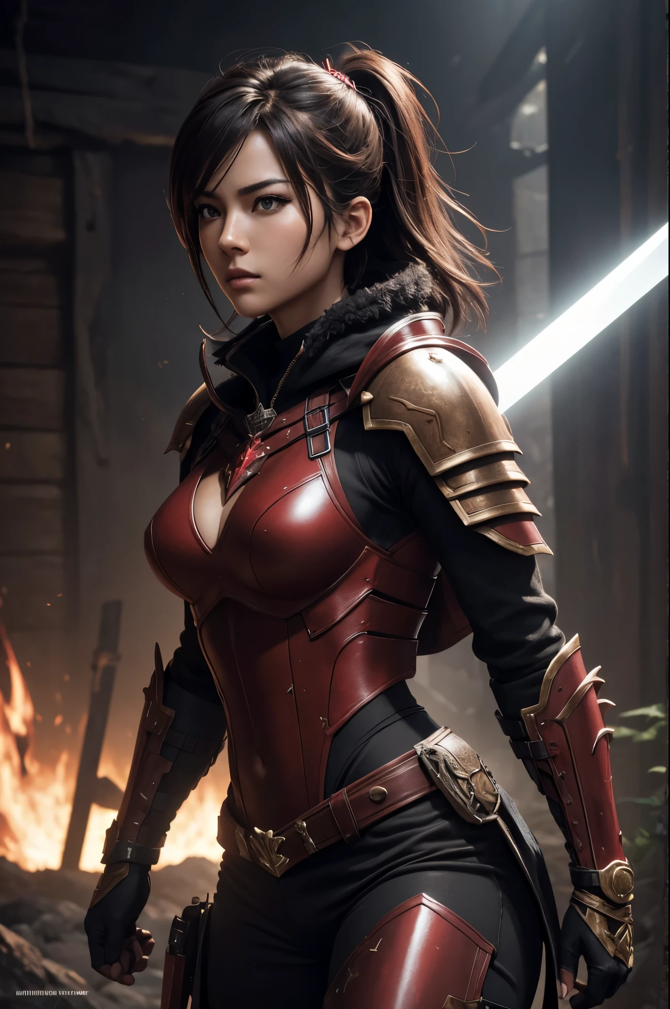 8K,Barren Earth Adventurer Outfit,Travel through the dusty wilderness,light brown short cut hair,Super beautiful Japanese women, Red and black large chest chest armor(demon emblem),super beautiful(like the real thing),Red and black shoulder armor for the left shoulder(demon emblem),red and black combat pants,sexy,deviantart artstation cgscosiety, 3Dレンダリングcharacter art8 K, Alena Aenami and Artgerm, Wojtek Fuss, Trending in Artstation 8K, Trending with Art Station HD, Adventure ultra-realistic rendering, Perfect body with realistic shading, photorealistic perfect body, ultra high resolution,high quality,sexy,brown short hair,strongly cracked abdominal muscles,muscular slim body,muscular slender lower body,Close-up,masterpiece,Highest quality photorealistic RAW photos。bright colors,rich colors, Backlight, cinematic lighting, film grain, to be born, 50MM lens, Nikon D850,realistic skin,fantasy art,character art,sharp gaze,adventure,Holds a long and large Japanese sword,brown combat jacket,red and black gauntlet(demon emblem),battle scene,dynamic pose,action pose,shout,