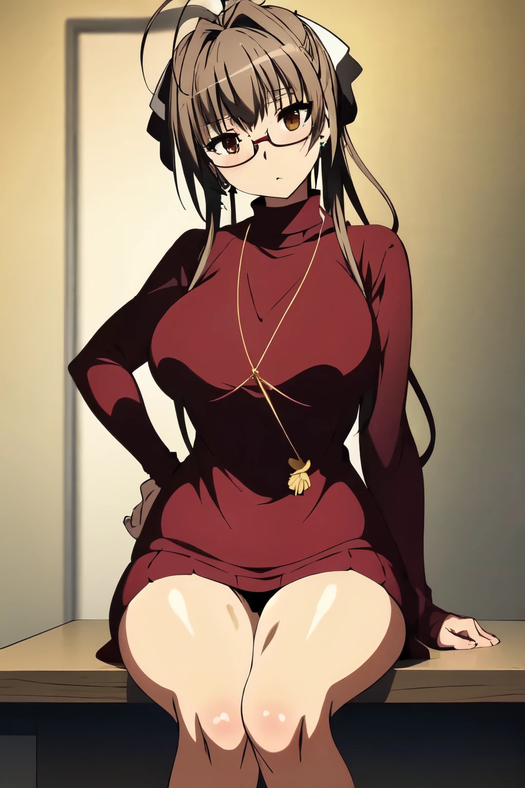 Very detailed, high quality, masterpiece, beautiful, 1 girl, Alone, minazukikyouko, glasses, earrings, collar, Red sweater, turtleneck, lab coat, black miniskirt, shackles, high heels, HeadpatPOV, pat on the head, to throw, 