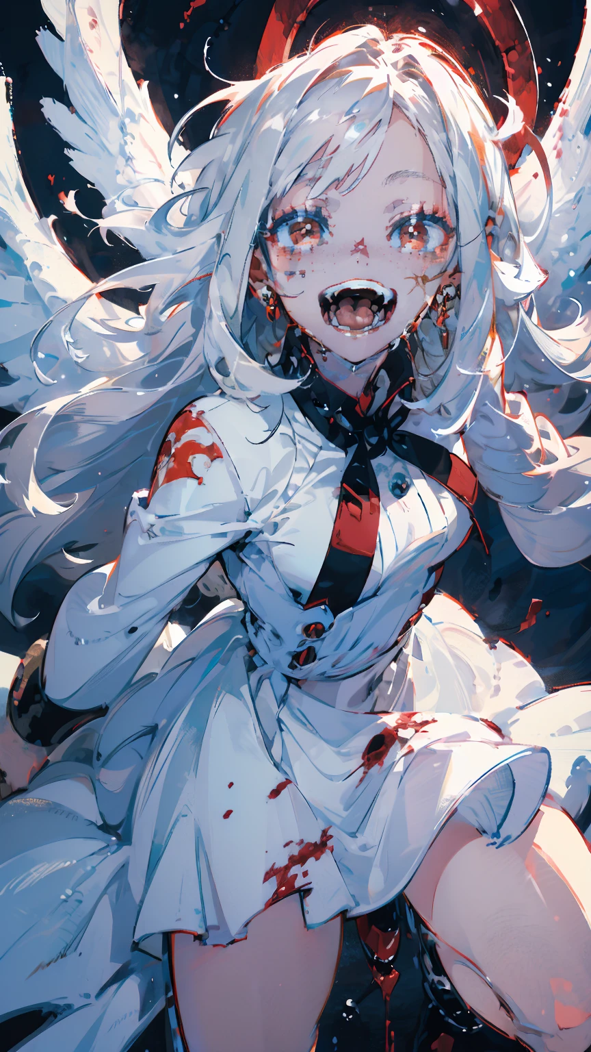 (woman\(A blood-red, dark angel halo is on his head., Angel Girl,Pure white hair,Red eyes, Pure white skin, White costume,The girl is laughing wildly with her mouth wide open,Eyes with dilated pupils,Scary,A large amount of dark red liquid drips from the mouth and eyes.,Crazy smile,Monster,Monster mouth,\) pure white world、Looking up at me,Attacking pose,Bleeding Wings (I&#39;m in the beautiful outdoors, Monster tentacles,Horror, mysterious,Blood Monster (Spooky background),quality\(8K,非常に精細なCGユニットのwallpaper, masterpiece,High resolution,top-quality,top-quality real texture skin,Surreal,Increase the resolution,RAW Photos,最高quality,Very detailed,wallpaper,Cinema Lighting,Ray-tracing,Golden Ratio\),Long Shot,Overall, it looks ephemeral.,The depiction range is from the waist up,qualityの高い顔の描写,High-resolution facial depiction,ephemeral,Low saturation,***********,1 person, evil spirit