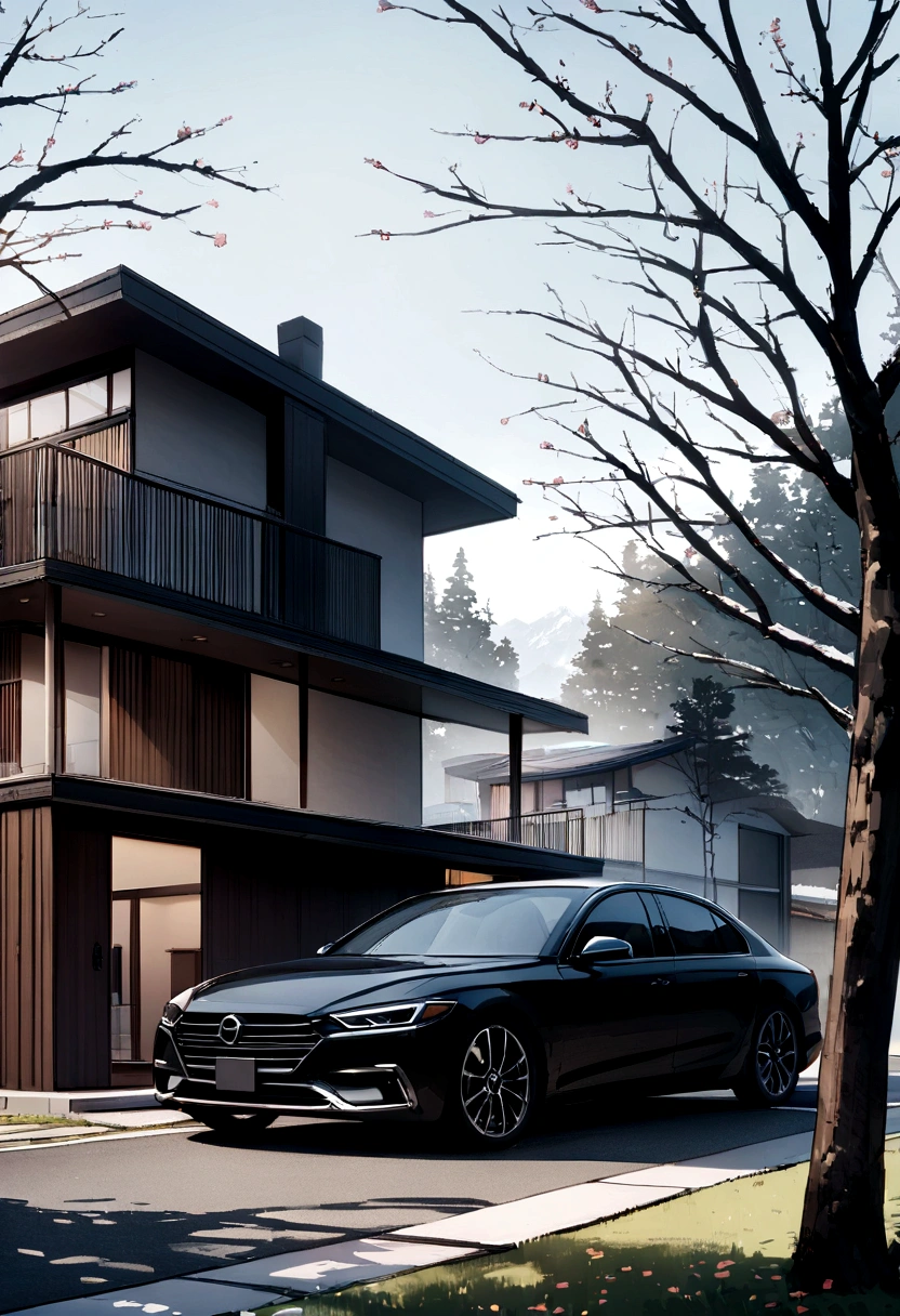 Car parked in front of a modern house with spring landscape and Japanese trees