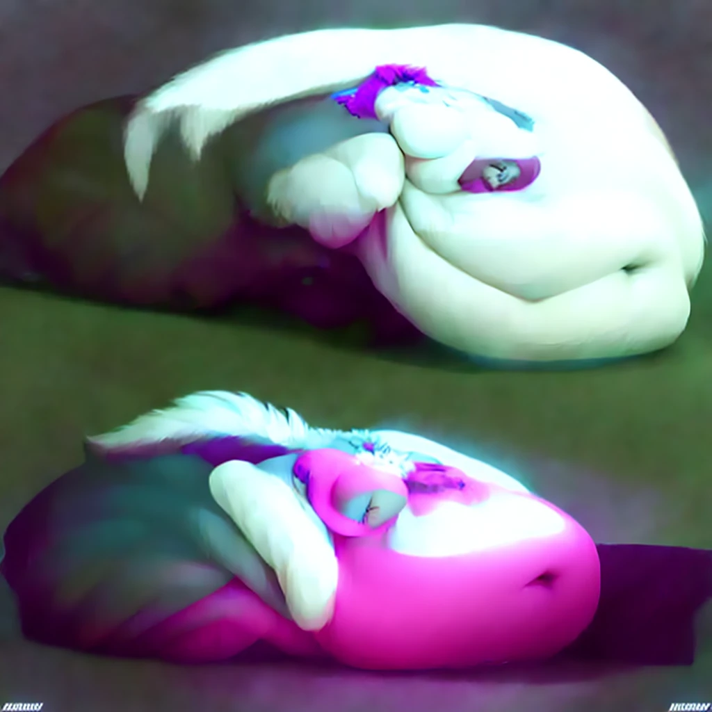 Wolf, female, long hair, huge breasts, huge hips, huge thighs, plump l, voluptuous, gorgeous, beautiful, eyelashes l, voluptuous ,stripes,fat,fat rolls l, smooth, glistening body, double chin, chubby cheeks, fat arms, fat legs, belly rolls, sitting in bed, very saggy breasts ,fat neck , white body m, pink hair
