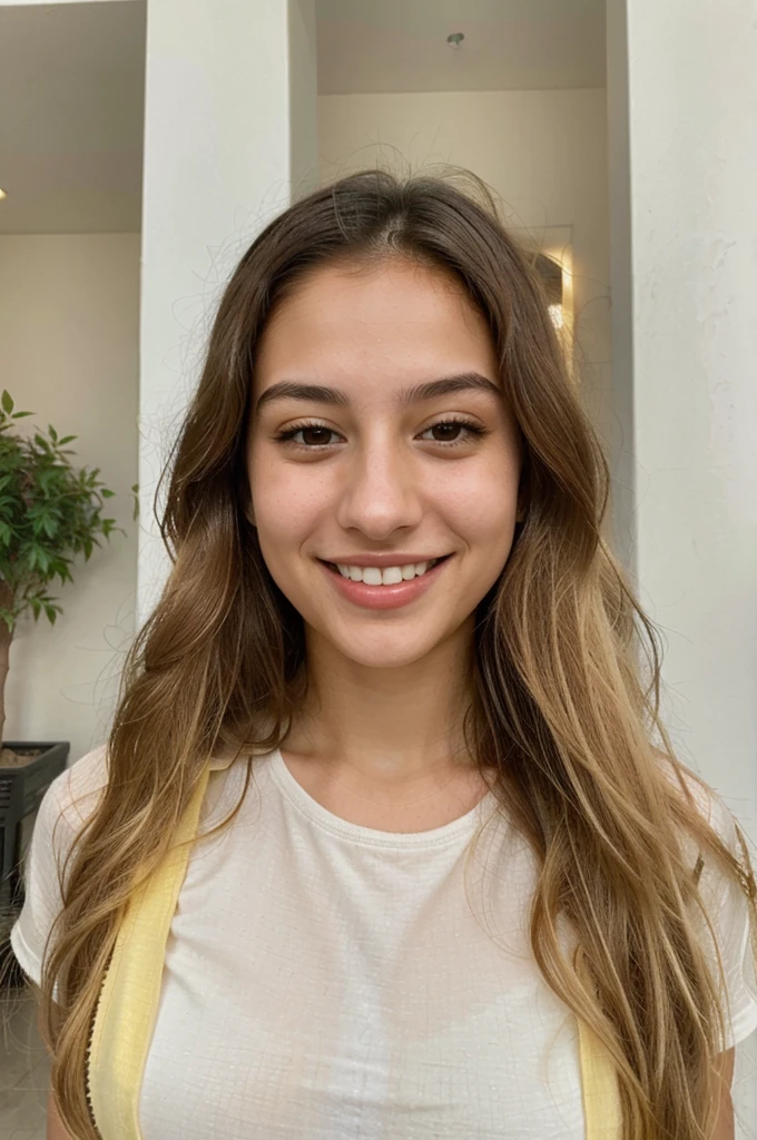 20YO, small nose, one women,attractive, Jordanian, Arab, Bright Yellow shirt, cute smile, cute face, white teethes, skinny face, light brown eyes, black/blonde long hair, modest