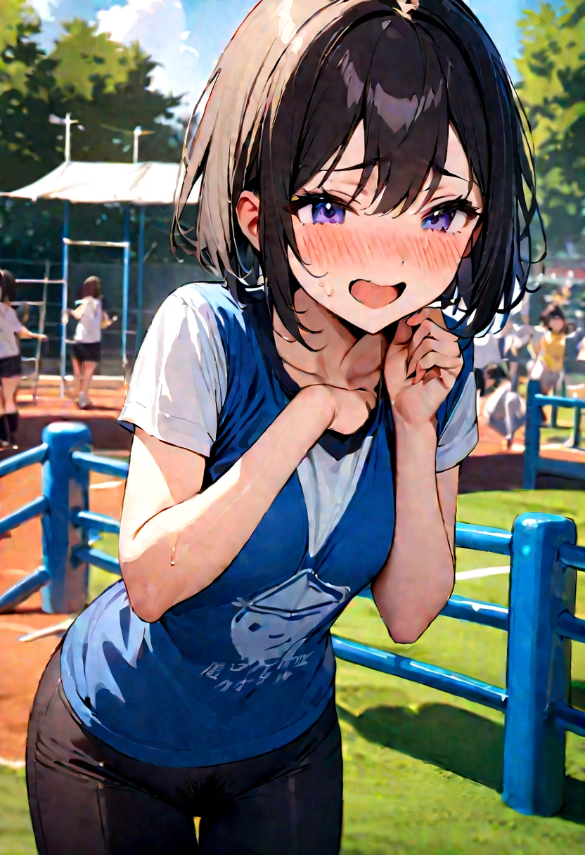 Highest quality,masterpiece,Black Hair,Friendly,Short Hair,One girl,18-year-old,pubic hair,Show me your naked body,Embarrassing,Shy laugh,School Events,playground,sports festival
