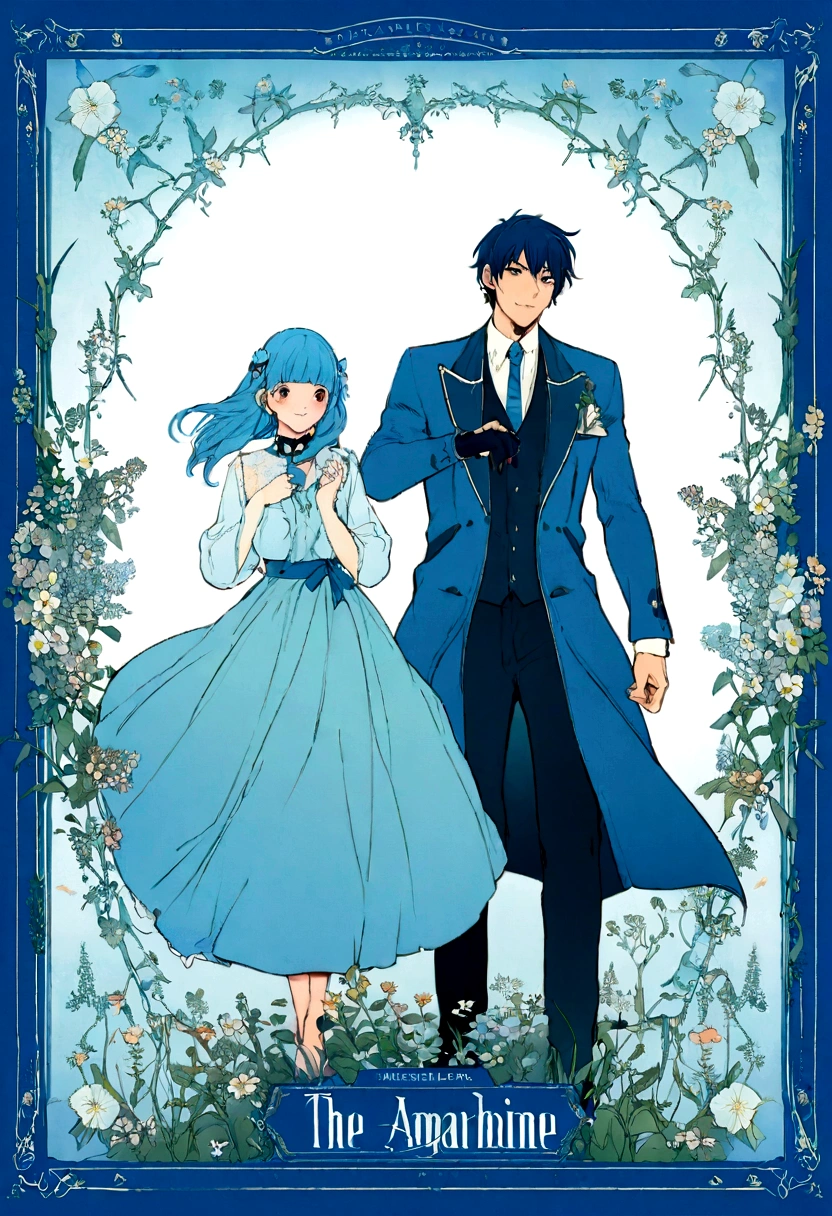 there is a poster of a man and a woman walking through a field of flowers from far angle , . digital art, by Marshall Arisman, cover illustration, , book cover illustration, by Brigette Barrager, album cover, novel cover art for a book, art concept for a book cover, cover art, official fanart, romance book cover style, by Ayami Kojima, mazarineee, album art, album cover!, aquamarine, the album is called tripmachine, detailed fanart, detailed photo of an album cover, blue theme