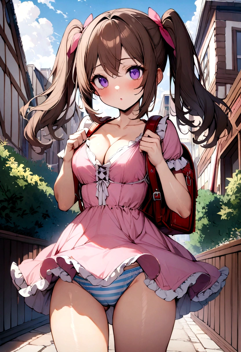 masterpiece, Highest quality, Nico_Yazawa,High resolution, 1 Girl, alone, Brown Hair, short hair, Twin tails、Purple eyes, Cowboy Shot, Frill dress, , Pink Dress, (Cleavage)、(Beautiful thighs)、city, Outdoor, garden, Carrying a red backpack, (randoseru backpack:1.2)Skirt Lift、Striped underwear