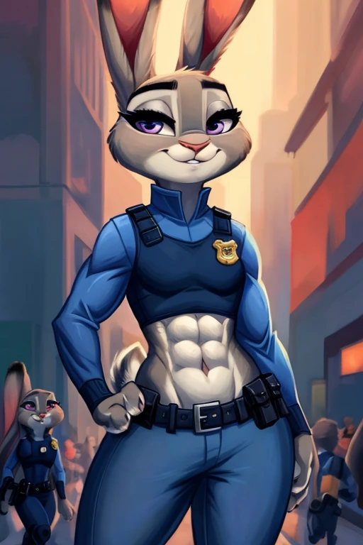 ((best quality)), ((masterpiece)), (detailed), a digital artwork of Judy hopps with abs wearing a crop top of her long sleeve police uniform with her police vest, a bare midriff and a bare navel, ((trending on artstation)), ((4k)), furry, anthro style, 2d style, 