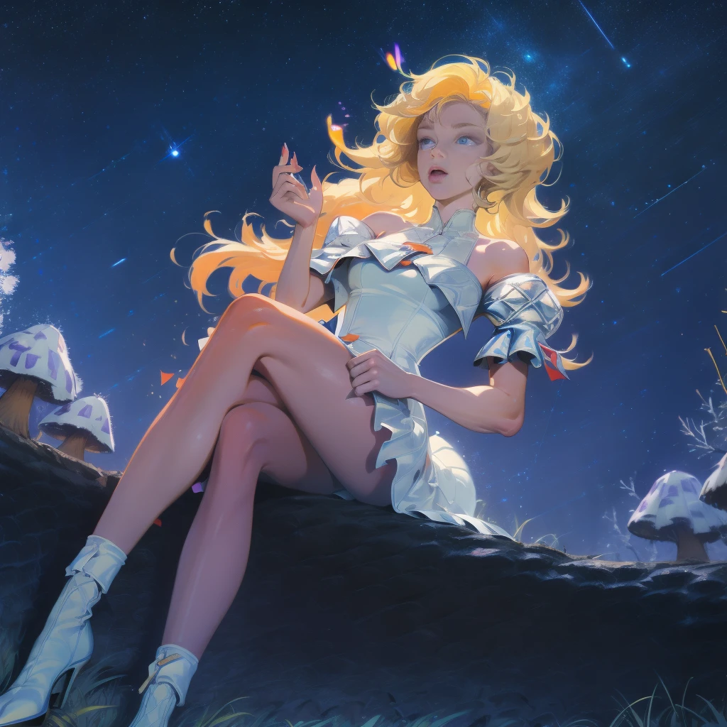 Anime girl with light blonde hair,With light blue eyes,Wearing an off-the-shoulder dress with puff sleeves,Sitting in the woods,Next to it is an orange mushroom,Surrounded by fireflies under the stars
