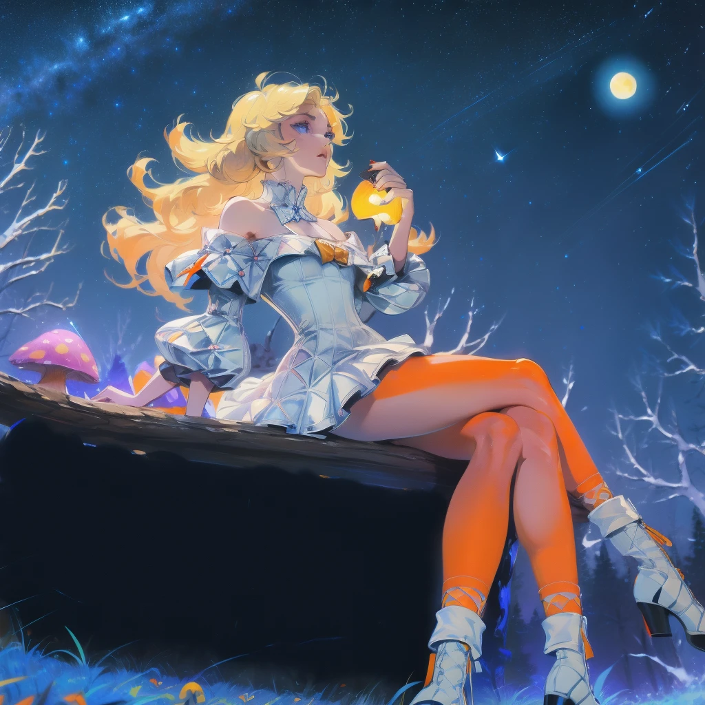 Anime girl with light blonde hair,With light blue eyes,Wearing an off-the-shoulder dress with puff sleeves,Sitting in the woods,Next to it is an orange mushroom,Surrounded by fireflies under the stars