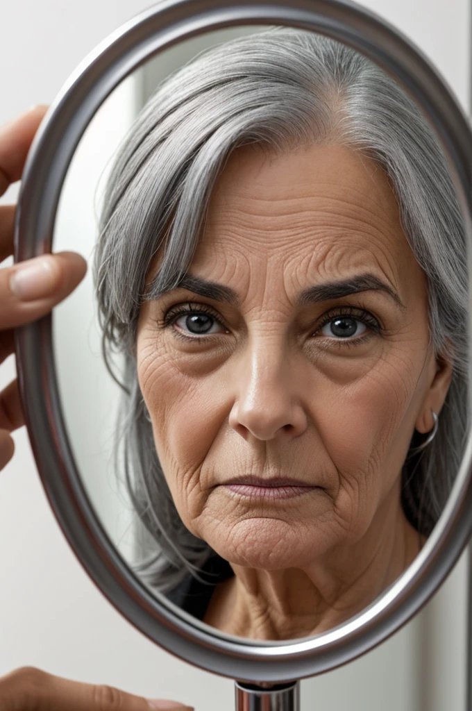 A close-up of a woman examining her gray hair in a mirror, looking surprised but not unhappy