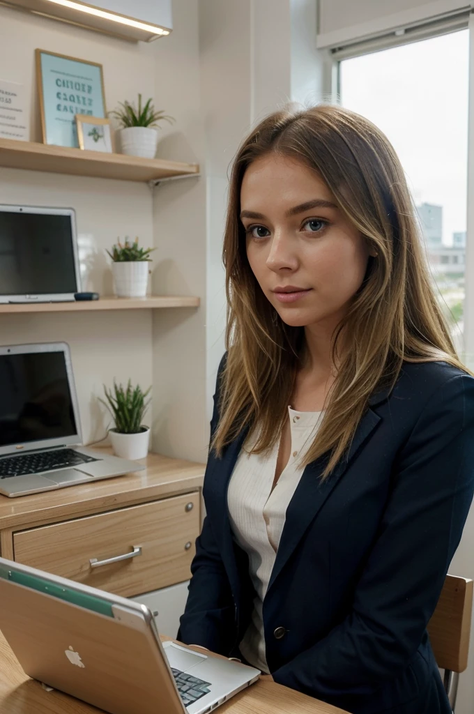 A young woman with shoulder-length blonde hair is working diligently at her modern, minimalist office desk. She is wearing a tailored navy blue blazer over a white blouse and is focused on her work. The office space is bright and spacious with large windows letting in natural light. On the desk, there are a laptop, some documents, a coffee cup, and a smartphone. In the background, there are shelves with neatly arranged books, a few green plants, and a whiteboard with some business charts. The woman exudes professionalism and dedication as she types on her laptop, maintaining a poised and composed demeanor.