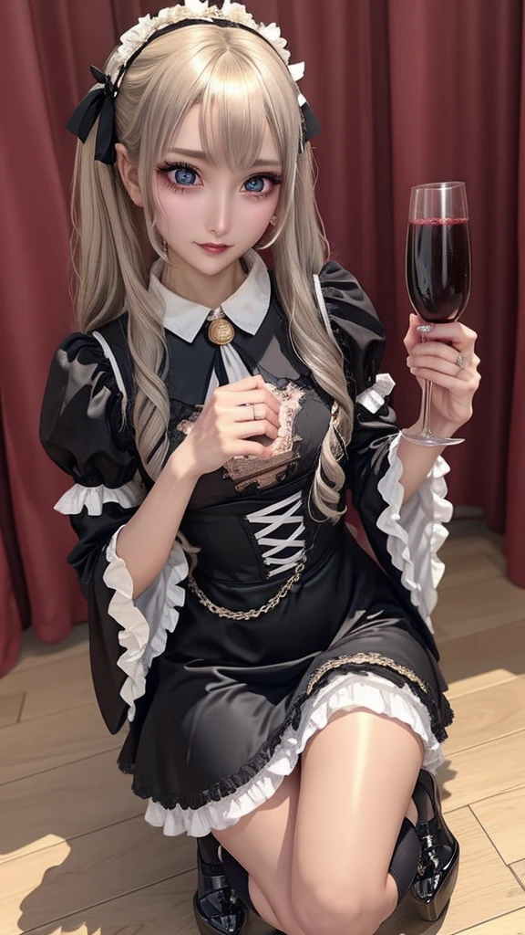 Hard Dark Gothic Makeup、Black dark eyeshadow、sad、Good skin radiance、Dark Gothicメイク、Dark smile、palace、The beauty of fragrance、24-years-old、Expression of intense sexual pleasure、Embarrassed look、Dark Gothic、highest quality、Expression of sexual pleasure amid suffering、Drunk face、紫のMaid clotheysterious、Noble、The face of someone holding it in the toilet、sexy、Loving smile、Twin tail hair、Right blue eye, Left eye is red、Super tempting pose、Platform Heel Shoes、Heavy makeup、Gothic Lolita clothes、Silver Hair、Long Hair Straight Hair、Cute Gothic Lolita Dress、Beautiful Face、elegant features、Attractive face、Stained glass is the background、Chest glistening with sweat、The room is dark、goth long dress、Bell Sleeves、Wizard Sleeve、Decadent look、Sexually excited expression、Glossy thighs wet with water、Thighs that are wet and shiny with oil、Background of a room full of roses、sad expression、Rose Maiden、The embroidery is pink、The dress has pink embroidery.、Thigh-high socks、Knee-high socks、Gentle expression、Dark black eyeshadow、Stained glass and rose background、thighs are a little thin、Female Duo、Female couple、dark church background、Stained glass、Black metal world、Dark Castle、Dark Room、Slender body、gothic long dress、Victorian dress、Her thighs are shining with sweat、My body is wet and shiny、Lots of glitter on the thighs、sweating、My thighs are sticky from sweating、Sweat glistening on my thighs, The whole body is sweaty and shiny、I sweated a lot.、My thighs are sweaty、My thighs are wet、My thighs are shining with sweat、A lot of sweat glistening all over the body、Small breasts、upright、Are standing、Hold the wine in your right hand、Hold the lantern in your left hand、pantyhose、Dynamic Angle、