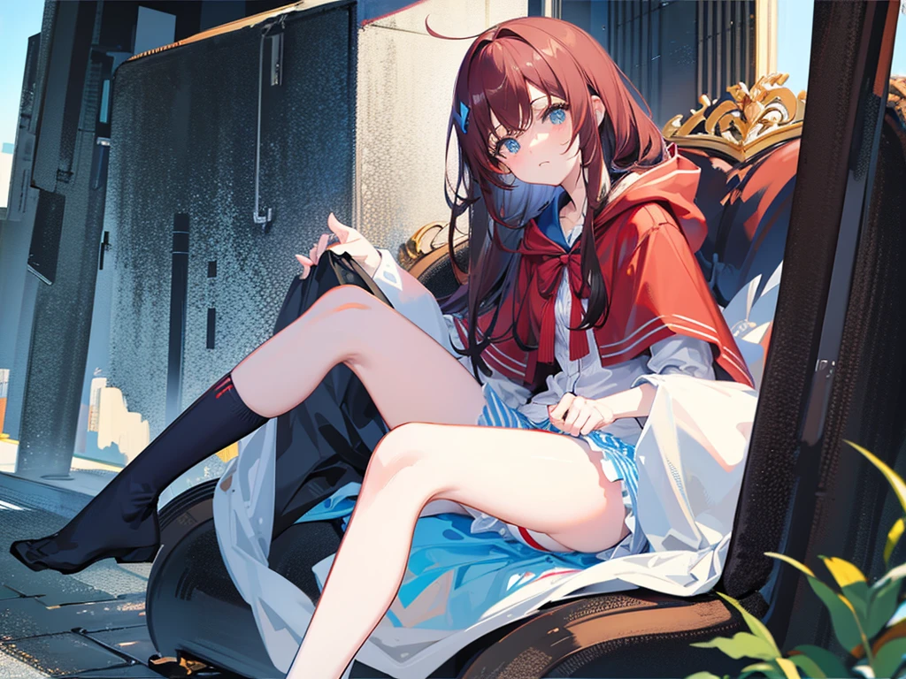 little red riding hood,Sitting,Spreading legs,black tight high sox,Light blue and white striped panties
