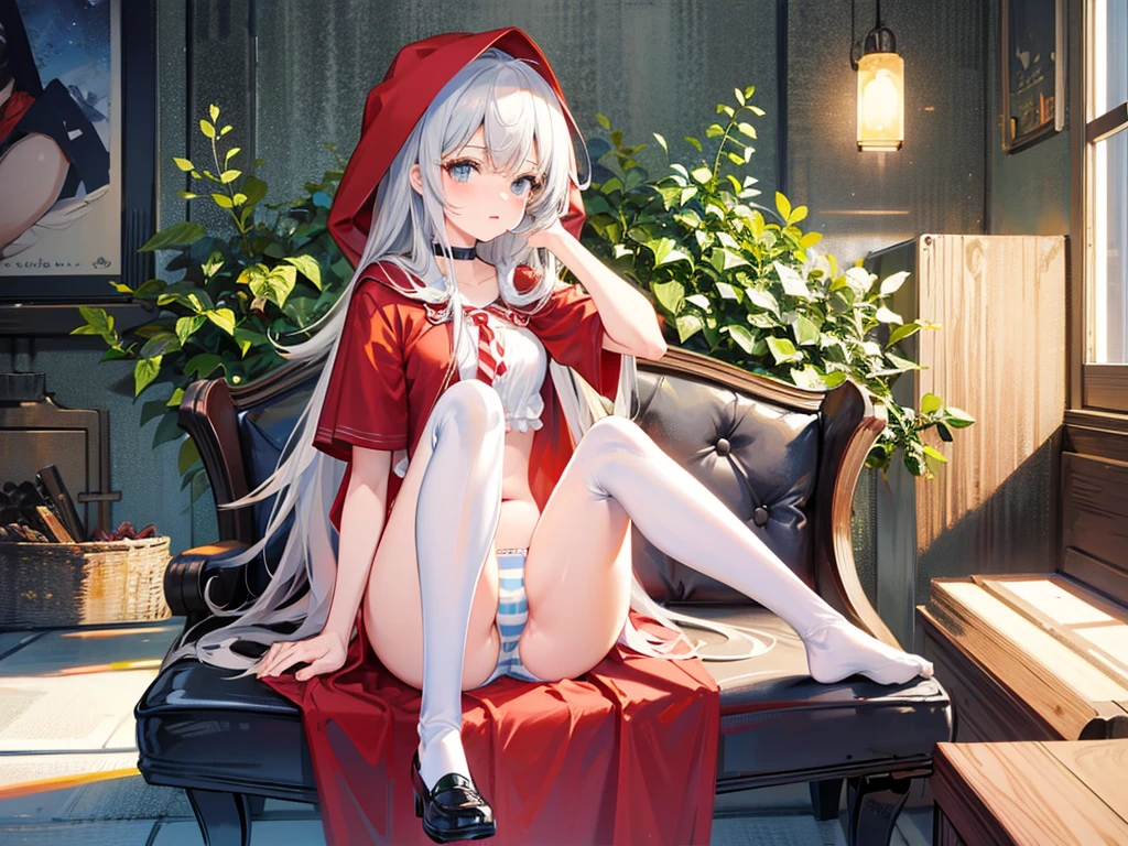 little red riding hood,Sitting,Spreading legs,black tight high sox,Light blue and white striped panties