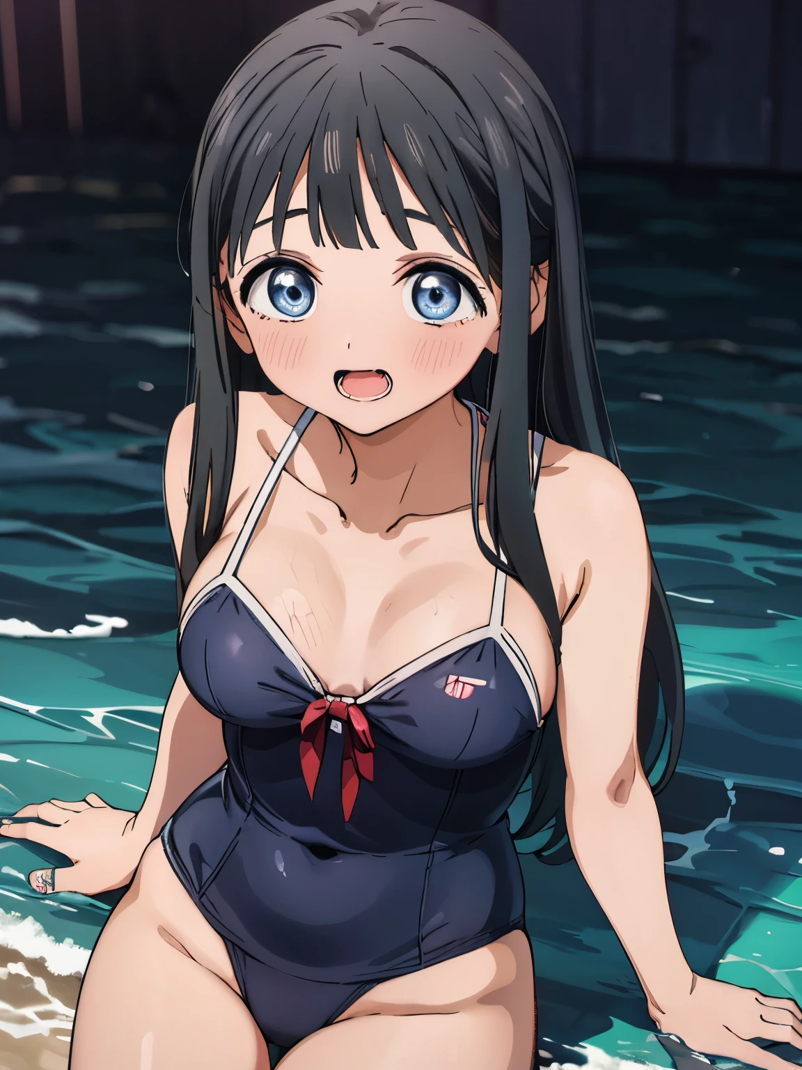 masterpiece, Highestquality, Very detailed, anime, girl,Night Pool,High cut swimsuit,笑face,:D,action,Ass Focus, akebi komichi, sailoruniform, Beach, 
Upright immobile posture,Embarrassed laugh,Embarrassing、
White swimsuit,
Red hair ornament, 赤colorヘアシュシュ, 
Low Ponytail,Long Hair,bangs, Black Hair, 鈍いbangs,big blue eyes,
1 girl, , 平らなchest, ,beautiful Finger,beautiful long legs,beautiful boDy,beautiful nose,beautiful character Design, 完璧なeye, 完璧なface,表情豊かなeye,
View your viewers, centered in picture,(Upper body_body),(彼女のfaceに注eye), (Innocent_big_eye:1.0),
Official Art,Very detailed CG Unity 8K 壁紙, Perfect Lighting,colorful, bright_front_face_Lighting,
(Tabletop:1.0),(Highest_quality:1.0), 超High resolution,4K,Super detailed, four-fingers anD one-thum
写真, 8K, Hmph, High resolution, Absurd:1.2, 400 for Kodak Port, Film Grain, Lens flare, (Vibrant_color:1.2)
(beautiful,chest:1.4), (beautiful_face:1.5),(narrow_Waist), Blue Sailor Suit, Check it out, 大きなchest, delicious