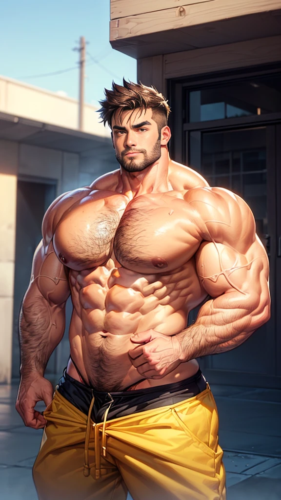 ((shirtless)), (((massive pecs:1.2, heavy pecs:1.2, squishy pecs:1.2))), ((cute young boy)), muscular, body hair, erection nipples