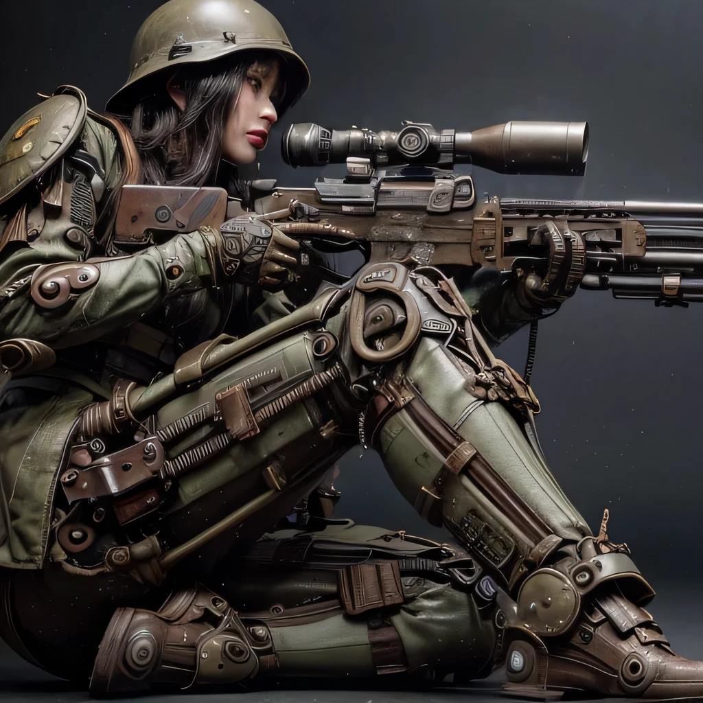 8K, Real Photo, Realistic Skin Texture, Super Realism, (WWII Era), (Mechanical Suit), Steampunk, Beautiful Forest Through Trees, Heavy Weapons, Vivid Textures, Beautiful Hair, Japanese Female Soldier, (Super Beautiful Face), Legs, ((Super Realistic All Textures)), ((Superall intricate details))), full body shot, super clear photo results, olive drab color, scratches, rust, weathering, sweat, action poses in motion, shot with Fujifilm X-T30 + Nokton. HDR10, minimum 4 images created.