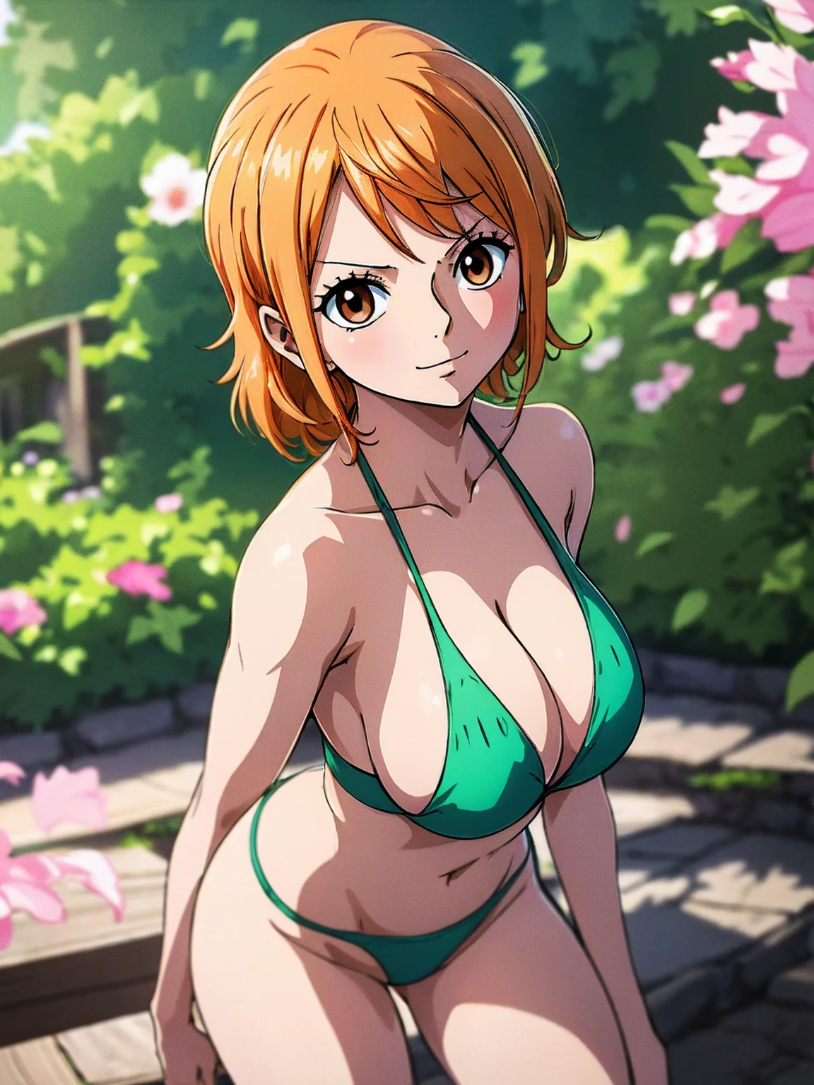 Nami from One Piece、sexy、NSFW、very light orange そして yellowish haired girl,Beautiful brown eyes, Blushingる,Sensational, chest,Blushing、short hair、The art style should resemble an appealing anime style. Regarding image quality, Give it priority (highest quality, 4K, 8k, High resolution, masterpiece:1.2), Very detailed、 rendering、To enhance the visual, Add HDR, 超High resolution, Studio Lighting, Ultra-fine painting, Professional, Vibrant colors, And bokeh、Green Bikini、chestを寄せる