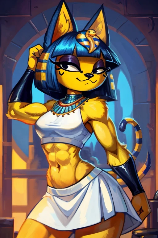 ((best quality)), ((masterpiece)), (detailed), a digital sideview artwork of ankha with abs wearing a crop top of her white sleeveless dress with white long skirt, a bare midriff and a bare navel, ((trending on artstation)), ((4k)), furry, anthro style, 2d style, smug face