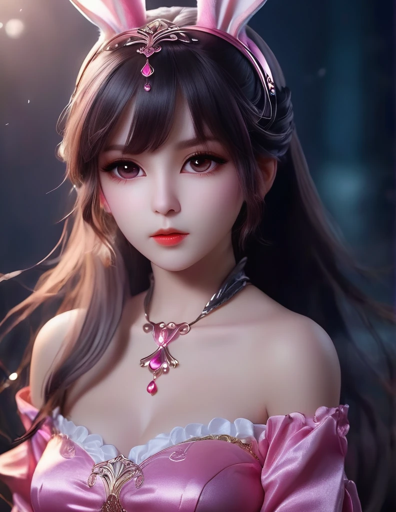 quality(8k wallpaper of extremely detailed CG unit, ​masterpiece, hight resolution, top-quality, top-quality real texture skin,hyper realisitic, digitial painting,increase the resolution,RAW photos，best qualtiy,highly detailed,the wallpaper),BREAK,8K, Chibi, rabbit ears, (highest quality, Tabletop:1.2, 超A high resolution, Realistic:1.5), RAW Photos, One Girl, Off the shoulder, In the Dark, Deep Shadow, Low light, Cool Tones, Captivating Gaze, long hair, Foggy atmosphere, Mysterious atmosphere, Subtle highlights, Dramatic contrast, Graceful pose, Intense emotions, Heavenly beauty, enchanting darkness, Captivating Expressions, pink dress, 