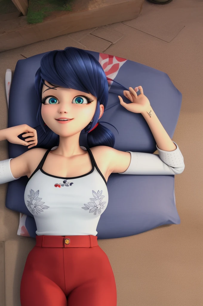 (8k, RAW photo, best quality, masterpiece:1.2), (intricate details), perfect eyes, perfect face, perfect lighting, beautiful, (masterpiece:1.2), (best quality:1.2), 1girl, solo, Marinette, blue hair, ((hair in ponytails)), adult torso, (red crop top, tight fitting red skirt,) 19 years old, slight smile, huge sized breasts, cowboy shot, 3DMM, laying down,