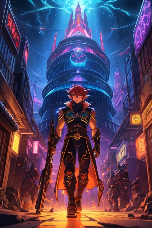 Niji mode. Full body, elf wizard, secret agent, wearing a fine and elegant suit, holding a shotgun glowing magic carvings and long handle, technological boot with glowing magic circuits, ruby eyes, dark red hair, orange skin, glowing red tattoos, ruby piercings, looking at the viewer, detailed face. Atompunk, android, cyborg, mechanical parts with magic stones, magic glowing eyes, advanced technology mixed with magic, magic circuits, gears made of magic materials, developed by Technological Magic. Walking in the middle of a magical atompunk metropolis mixing technology and vegetation, particle effects, wide and deep scenery, with multiple planes of depth, cinematic and dynamic scene with a sense of movement, view of magical bright lights reflecting the scene, stylish pose, aura lights, glowing technological cables, epic atmosphere, magic tools, old anime style, Studio ghibli, metal hurlant, artbook, RPG fantasy.