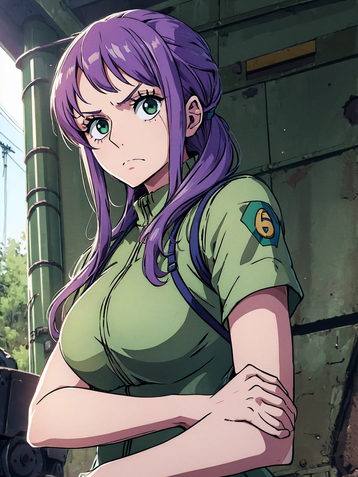 Girl in combenison, Chernobyl exclusion zone, S.T.A.L.K.E.R, purple hair, green eyes, scar above her left eyebrow, unarmed, five fingers on her left hand, five fingers on her right hand, sad.