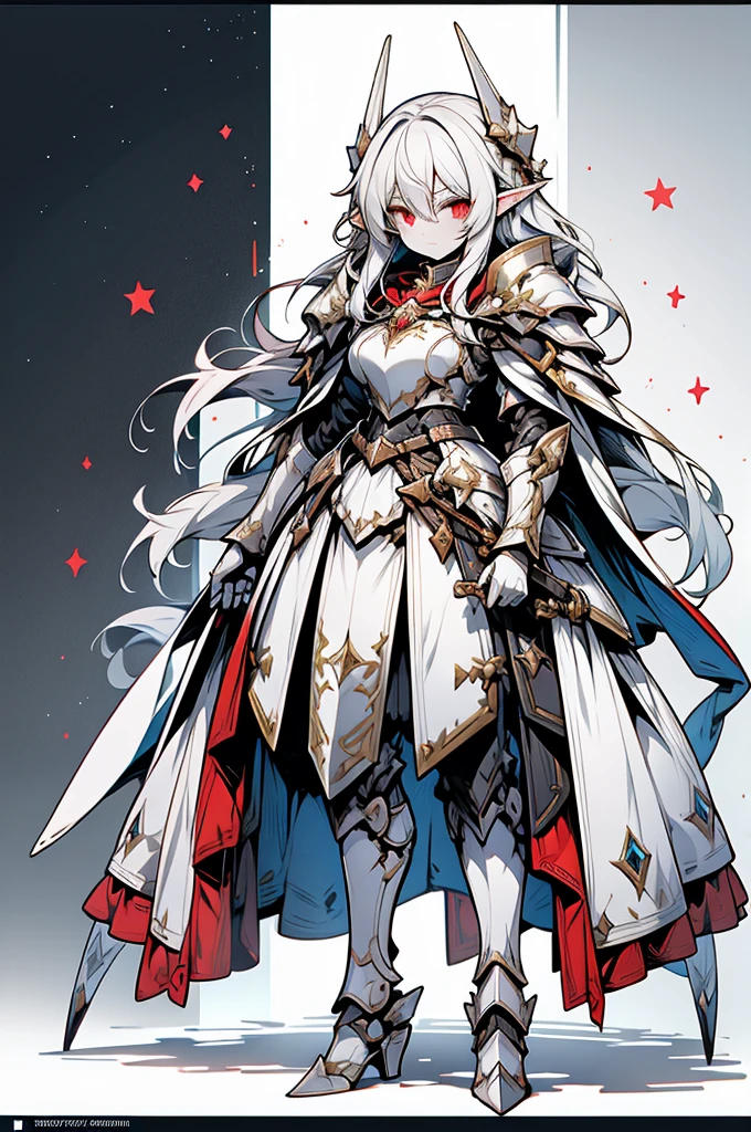 female elf knight, full body art, silver hair, white skin, red iris eye, knight full plate adorned armor, silver cape, perfectly detailed
